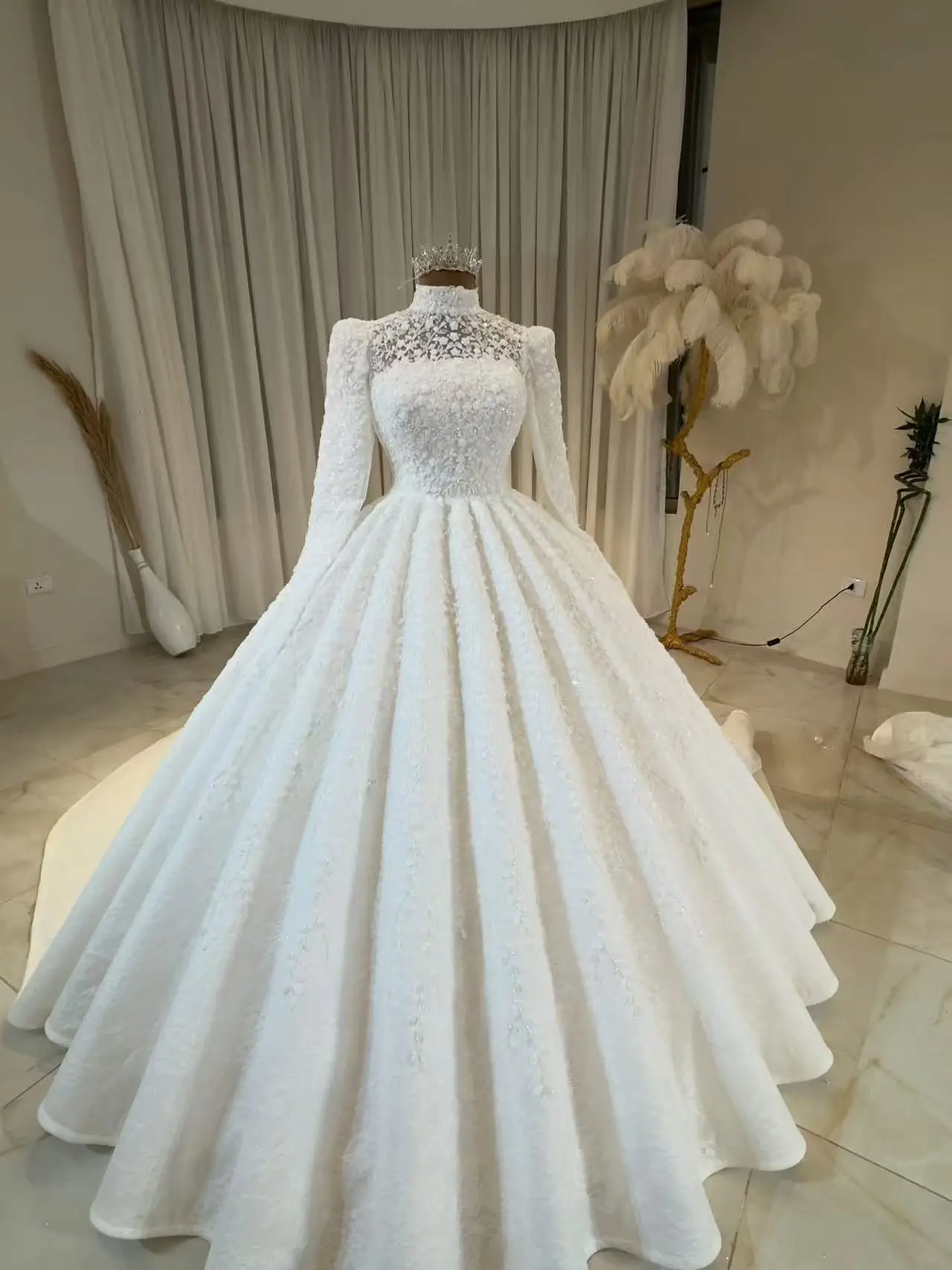 Customized Graceful Wedding Dresses High Collar Long Sleeves Ball Gowns Beads  Garden Bride vestido de novia boda