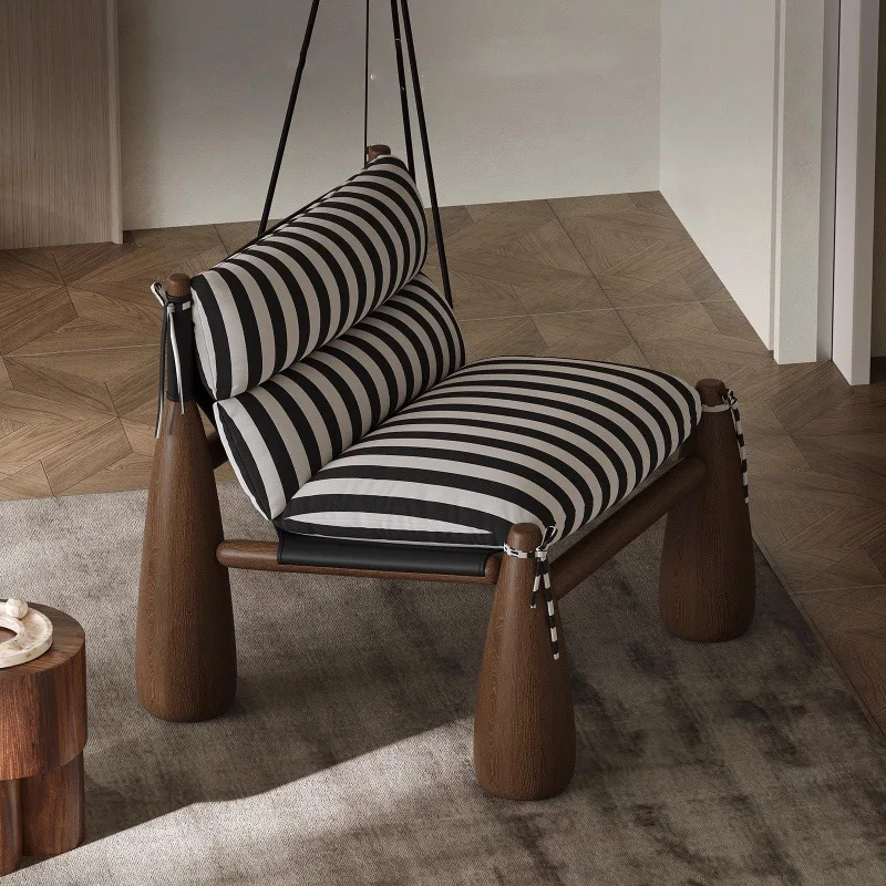 &Medieval style solid wood designer baseball chair household living room striped fabric single leisure chair atmosphere sofa cha