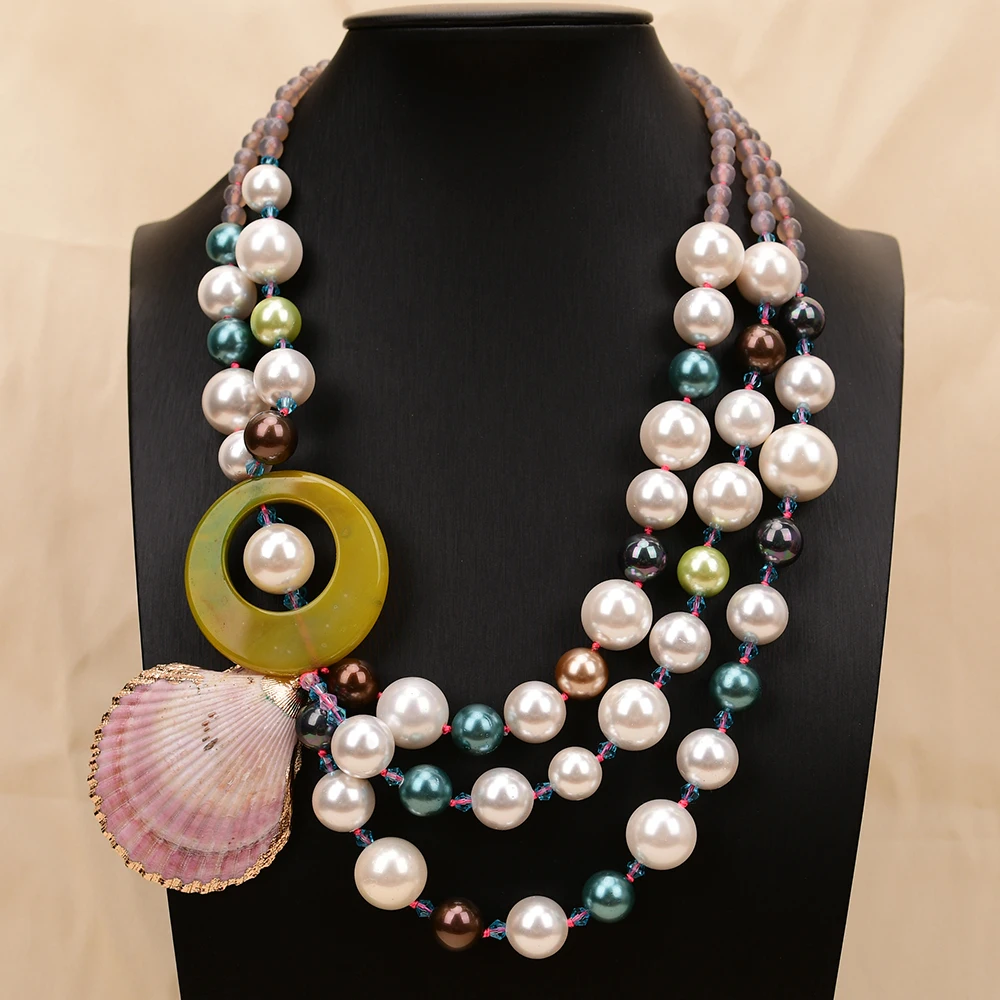 APDGG A01 Handmade 3 Rows Natural Mix Stone Shell Agate Multi Strands Necklace
