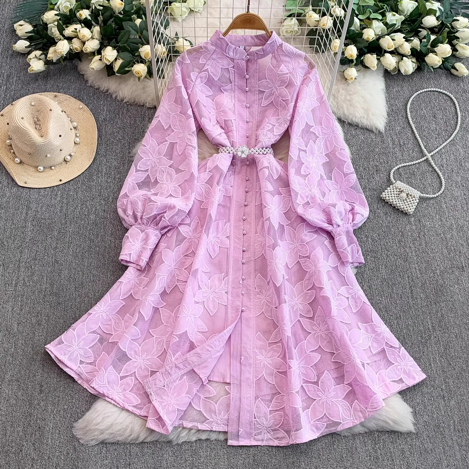 فستان نسائي خريفي عتيق مطرز أنيق بصدر واحد ميدي على شكل حرف A من الدانتيل فستان مكتب سيدة للحفلات الراقصة المسائية مع حزام