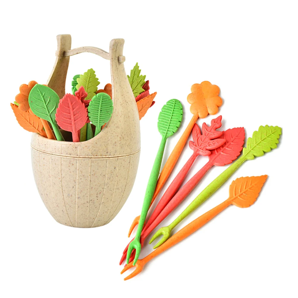 

17 Pcs Fruit Pick Set Beige Forks Cocktail Sticks Eco-friendly Leaf Picks Salad