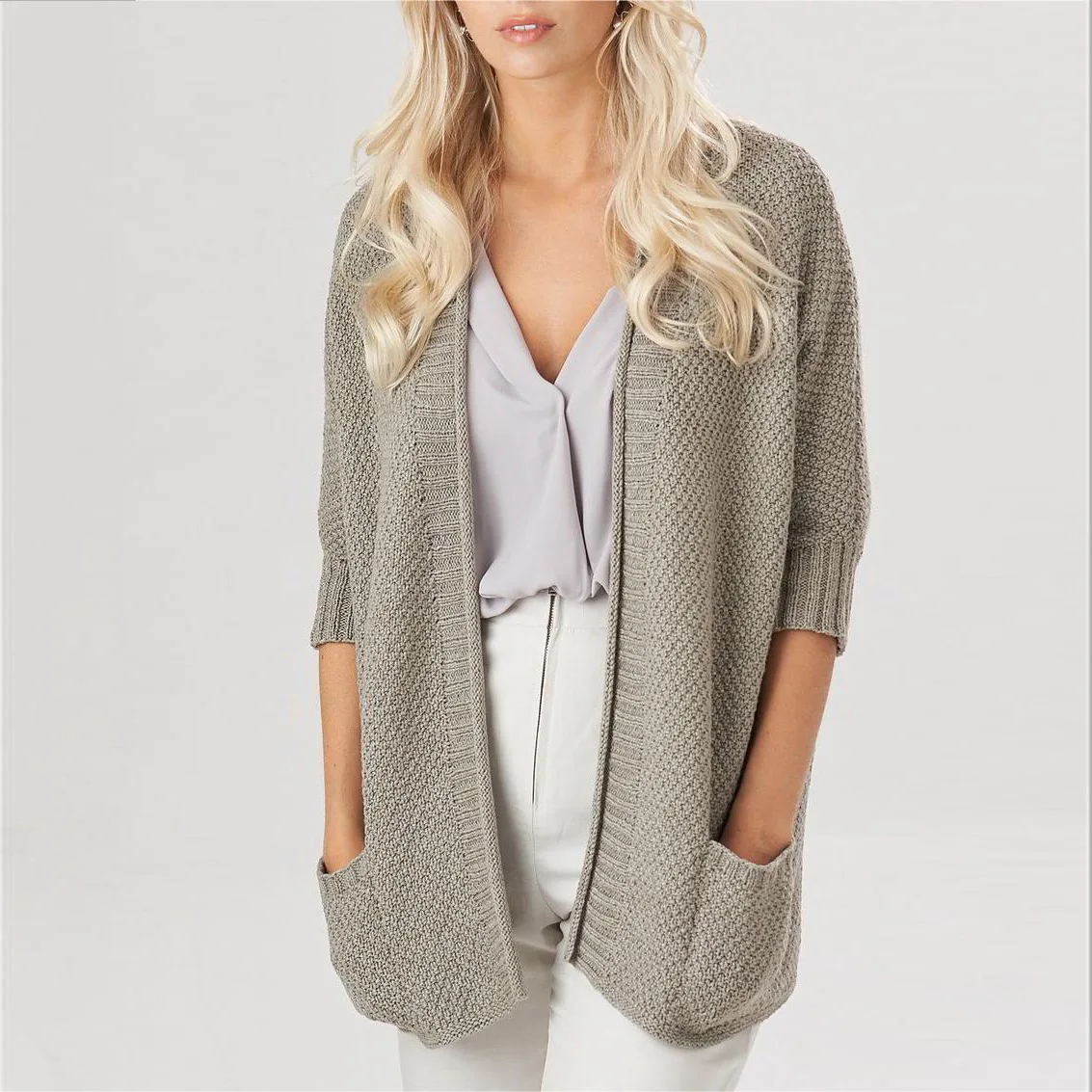 Women Knitted Cardigan Coat Solid Color Sweater With Pockets Mid Length Warm Outwear Jackets Casual Female Clothing