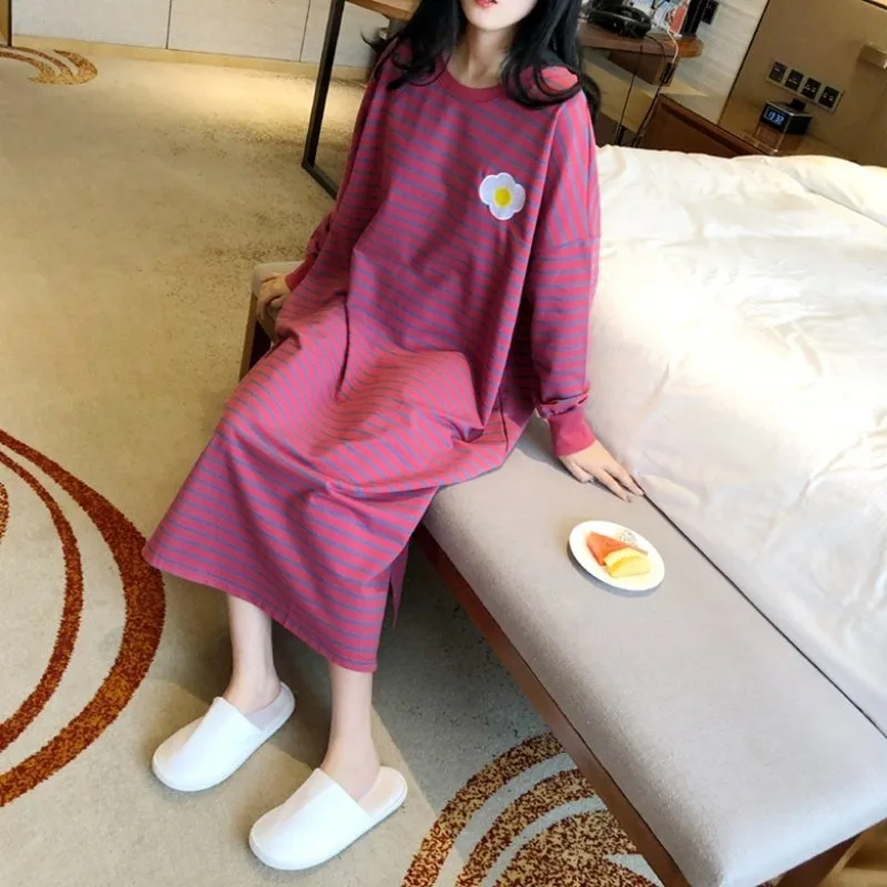 

Women Spring Autumn Nightgowns Short-Sleeve Crew Neck Dress Striped Princess Sweet Home Clothes Women's Sleepwear Loungewear Pjs