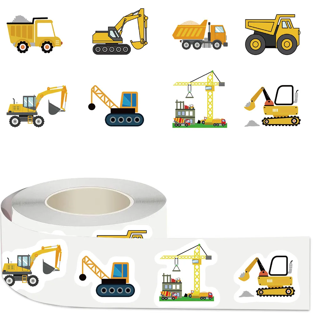 500PCS Kids Construction Vehicle Stickers Roll Cartoon Truck Tractor Decals Motivational Reward Stickers DIY Laptop Decoration