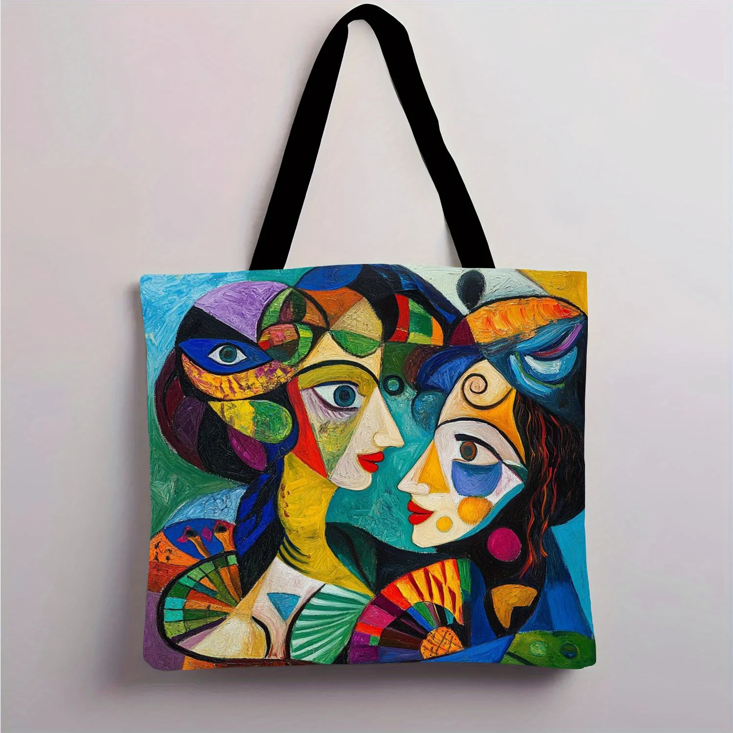 Abstrakte Kunst, bunte Gesichter, tragbare Tragetasche, lebendige, wiederverwendbare Handtasche für Reisen, Strand-Umhängetasche, Weihnachts-Einkaufstasche
