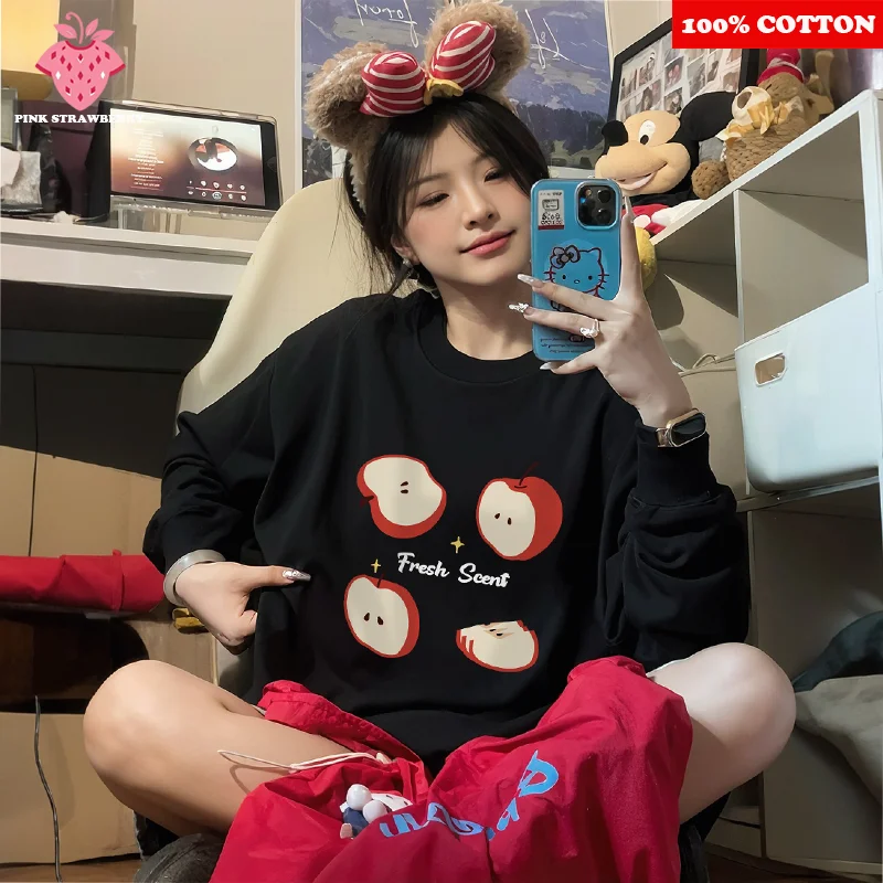 

Korean style Black Long sleeved T-shirt Women's Autumn 2025 New 100% Cotton Fruit Print Tee Loose Casual Y2k Top Female clothing