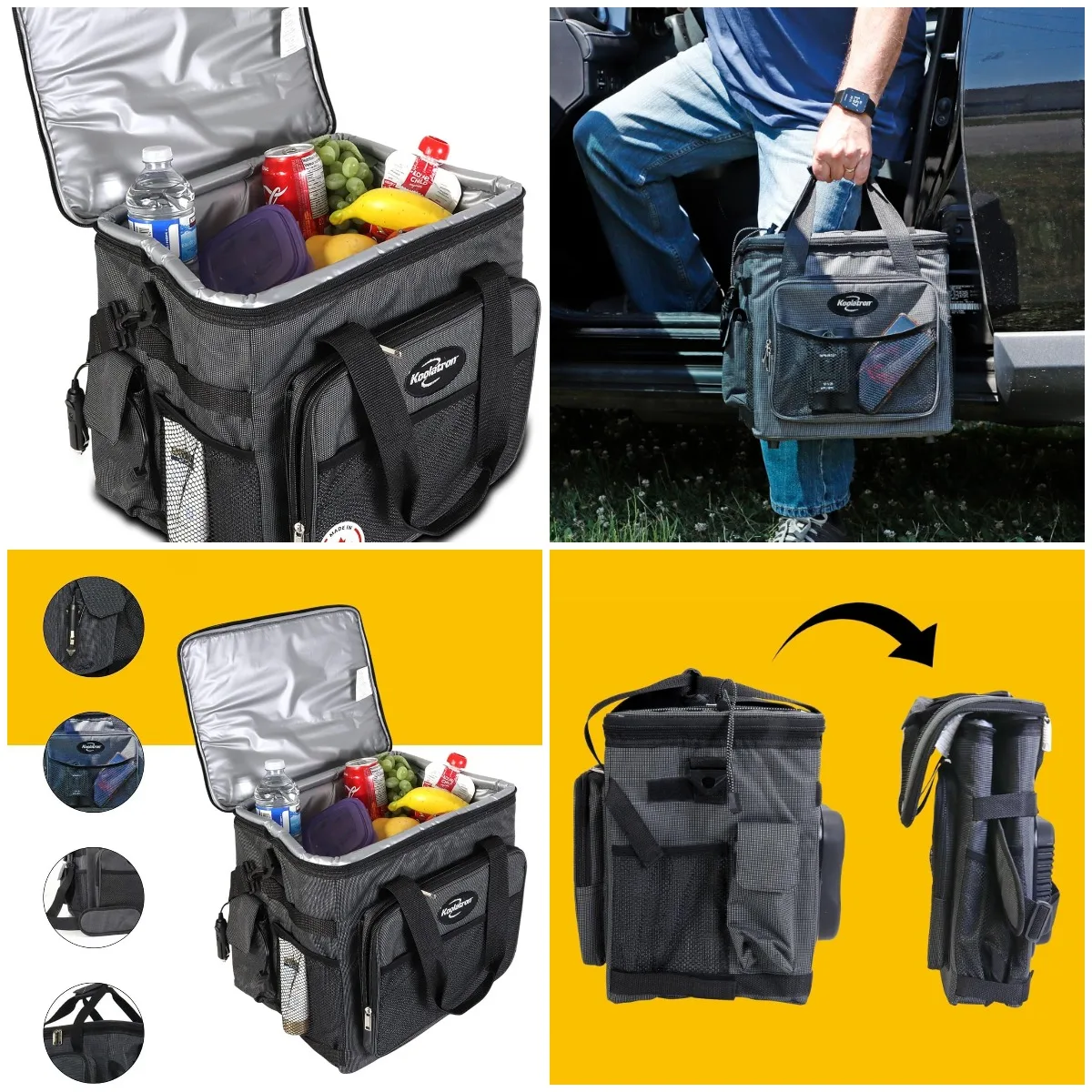

Electric 12V Portable Car Cooler, 26 Qt Black/Gray Soft-Sided Fridge with DC Cord, Shoulder Strap, Cord Storage