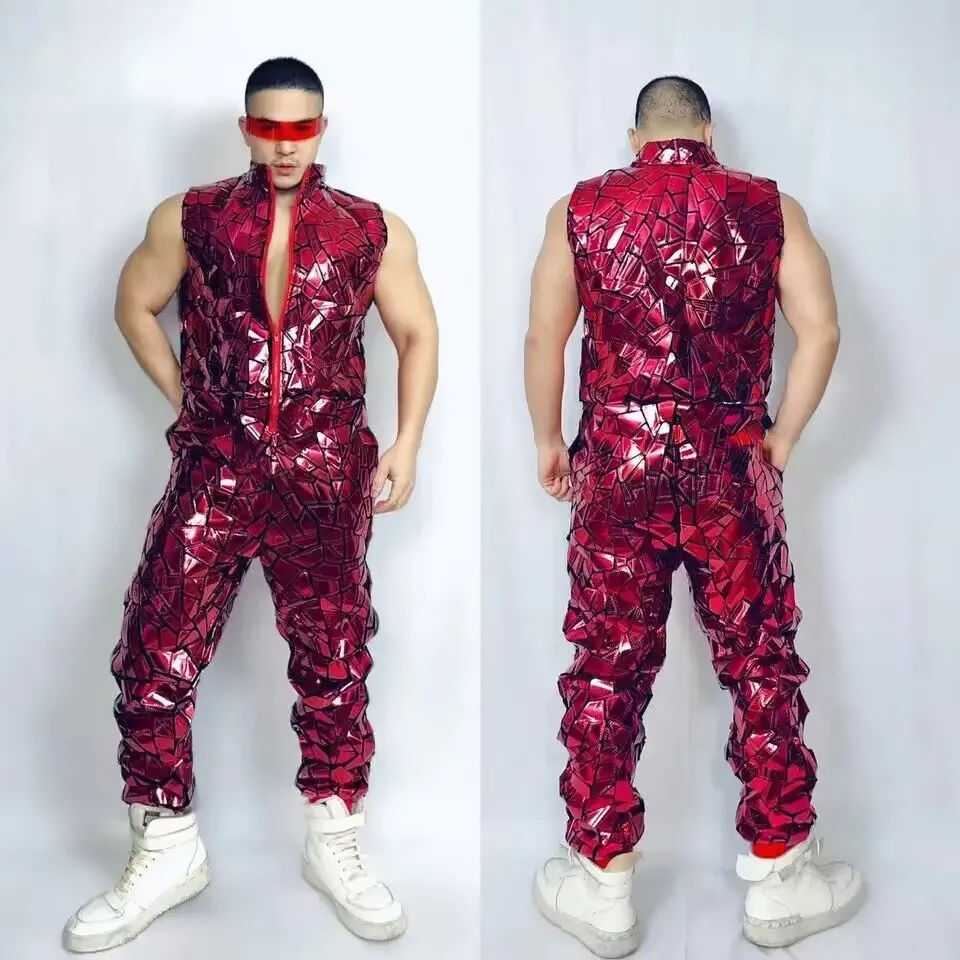 Red Laser Sequins Sleeveless Jumpsuit Mirror Overalls Men Singer Bar Nightclub Hip Hop Rock Dance Costume Band Stage Wear