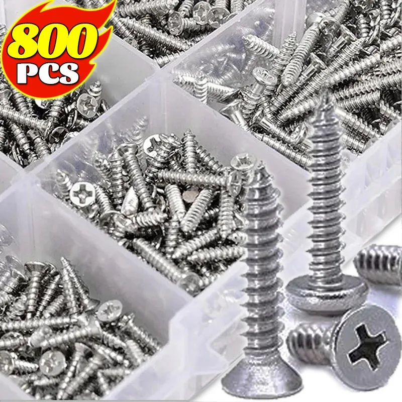 800PCS/Box M2 Self Tapping Screw Kit Carbon Steel Cross Drive Flat Head Self Drilling Screw DIY Industrial Screw Thread Fastener