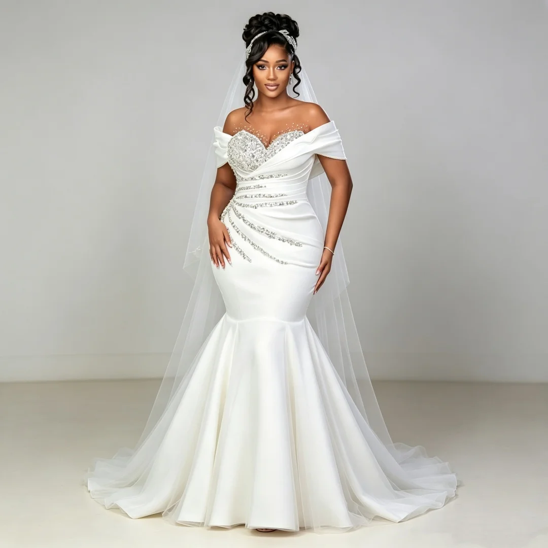 Custom Plus Size Mermaid Wedding Dress Off Shoulder Satin Bridal Gown Heavy Rhinestone Sweetheart Neck White For Black Women