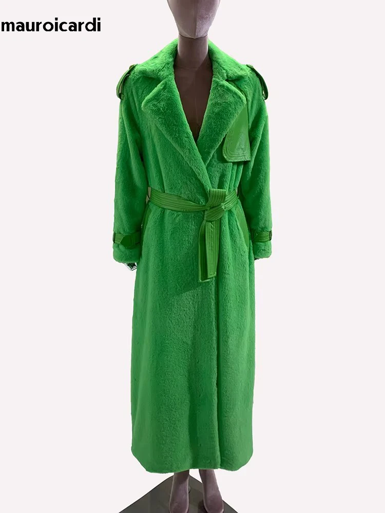 Mauroicardi Autunno Inverno Verde Caldo Morbido Soffice Pelle Pu Patchwork Cappotto di Pelliccia Sintetica Donna Telai Piano Lunghezza Cappotto di Pelliccia Finta