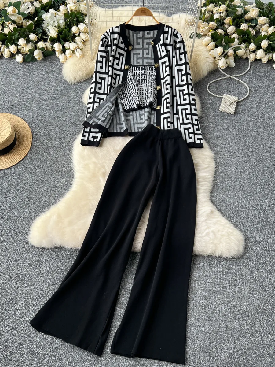 Fashion Geometry Jacquard 3 Pieces Set Women Metal Buttons Cardigan Sweater + Camisole Top + Knitted Wide Leg Long Pant Suits