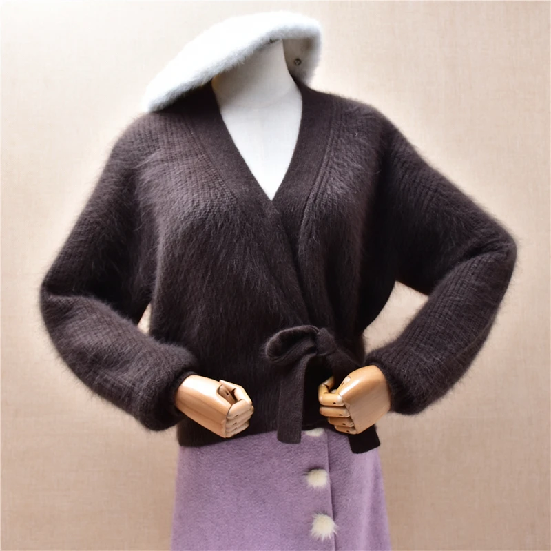 

Женская осенне-зимняя одежда из волосатой норки, кашемира, вязаный пояс с v-образным вырезом, укороченный топ с длинными рукавами, свободные кардиганы, свитер, куртка