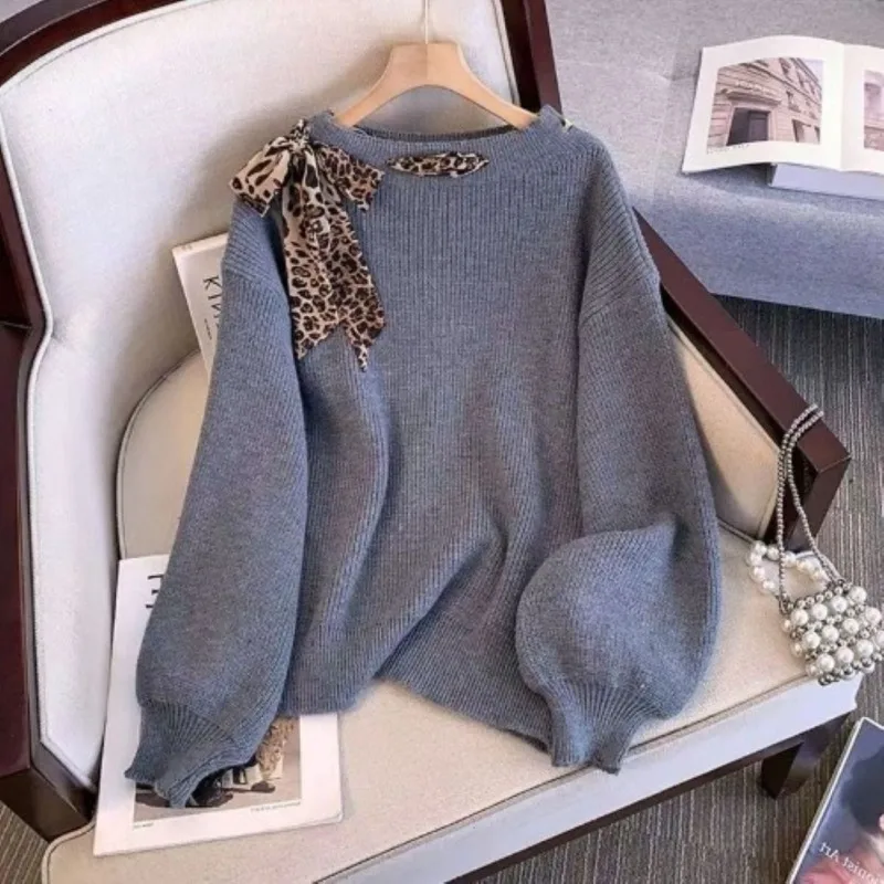 

Lazy Style Leopard Print Tied Round Neck Sweater for Women New Loose Soft Glutinous Knitted Long-sleeved Top