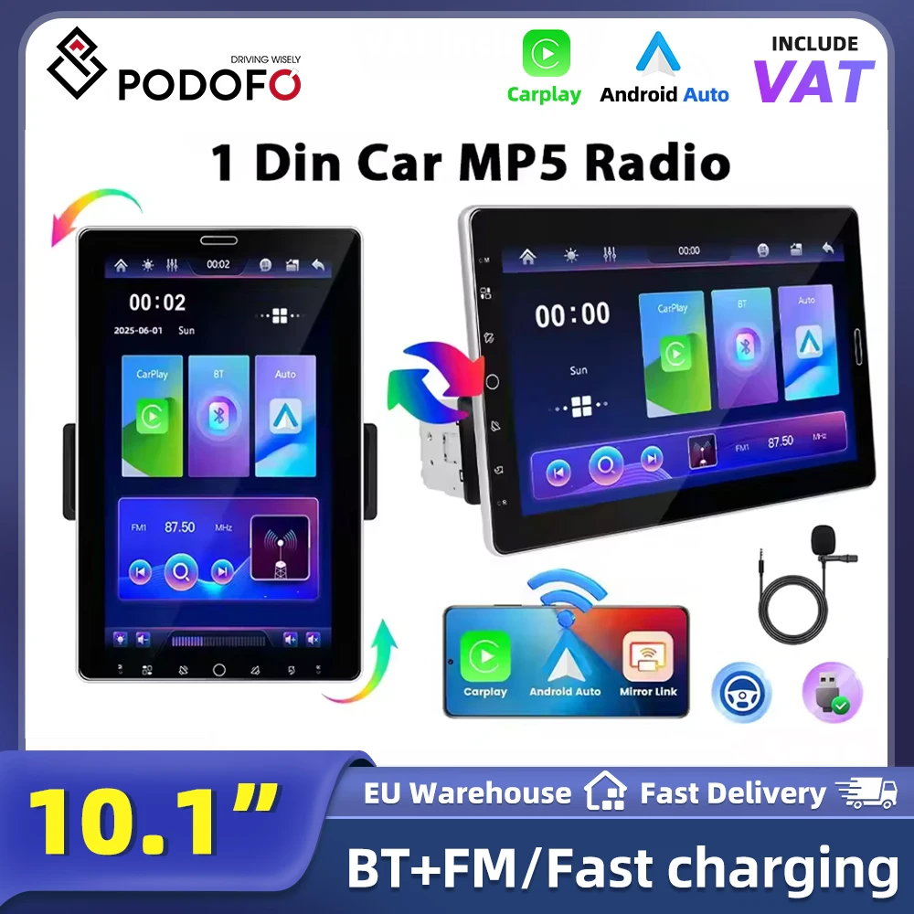 Autoradio Podofo 10.1 pouces avec écran rotatif 1 Din, compatible Carplay, Android Auto, Bluetooth, FM, AM, RDS, Mirror Link, lecteur multimédia vidéo avec port USB