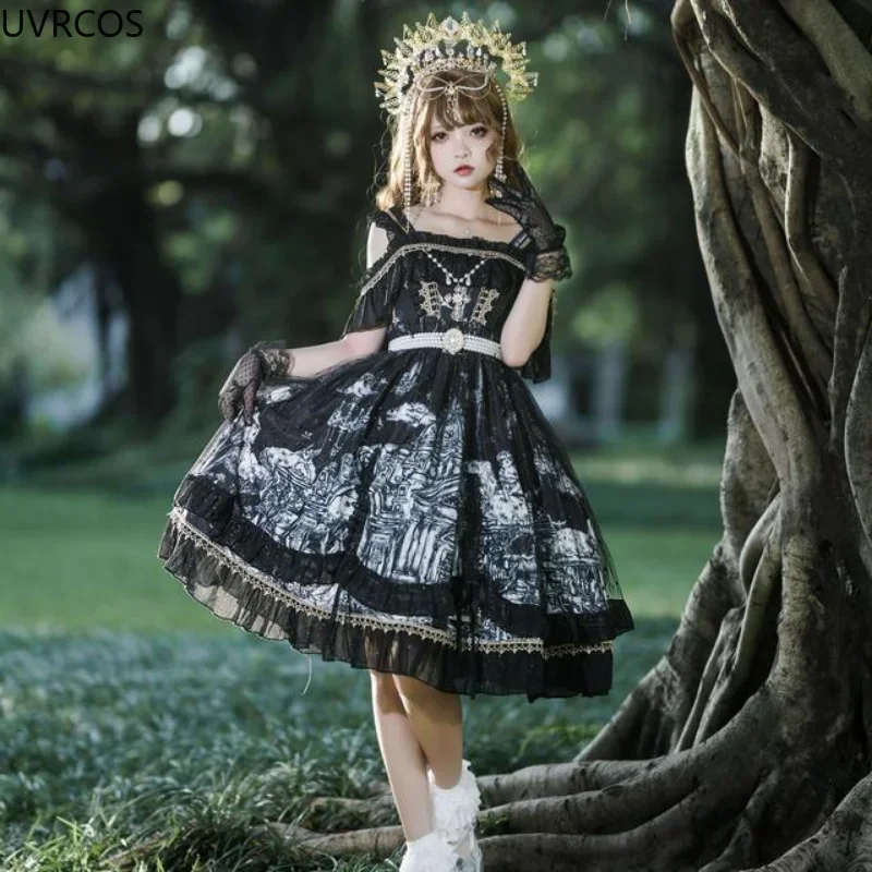 Vestido japonés victoriano Lolita Jsk para mujer, vestido gótico Retro con tirantes, estampado de princesa funeraria oscura, vestido de fiesta de té para niña dulce