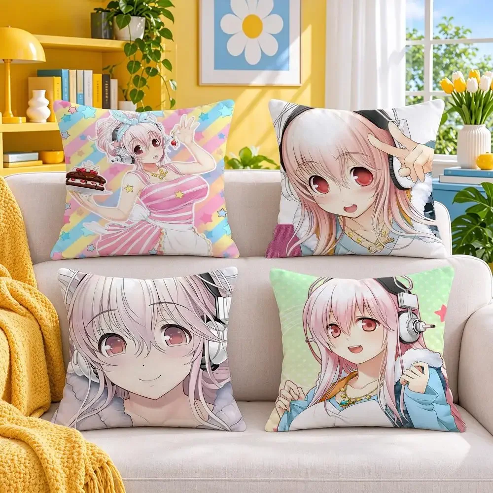 character Super Sonico Cushion Cover Throw Pillow Short Plush Fresh Bright Cushion for Bedroom Sofa Ornament Present Gift