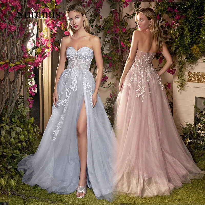 Sumnus-Vestido largo de tul con purpurina para mujer, de línea A vestidos de fiesta, escote Corazón, apliques divididos laterales, corsé, vestido de graduación de noche mexicano con tren 2023