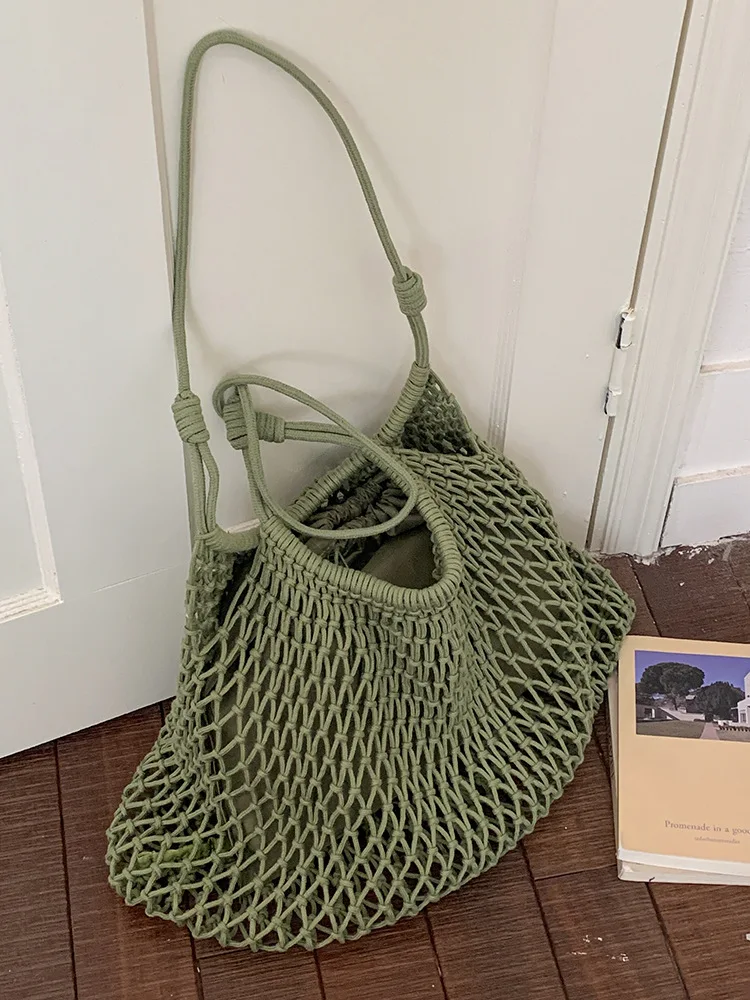 

New Large Capacity Woven Tote Bag Bohemian Hollow Out Mesh Shoulder Bag Cotton Breathable Crochet Mesh Bag Women