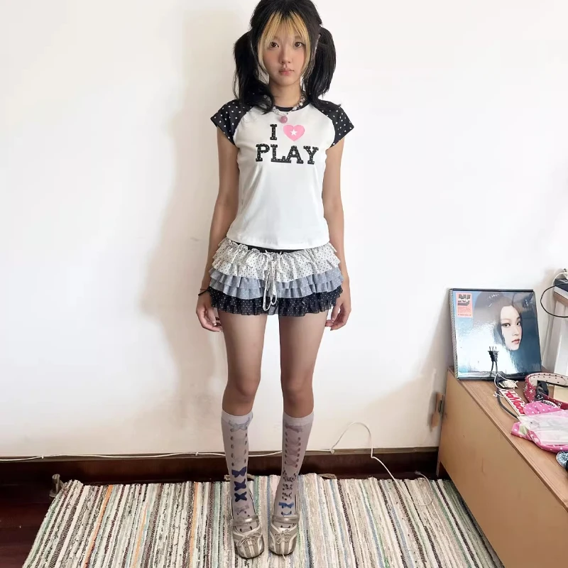 Japanese Style Cute Bow Tie Y2K Printed Women's Mid-Calf Socks Autumn New Sweet Versatile Age-Reducing Short Stockings Ladies