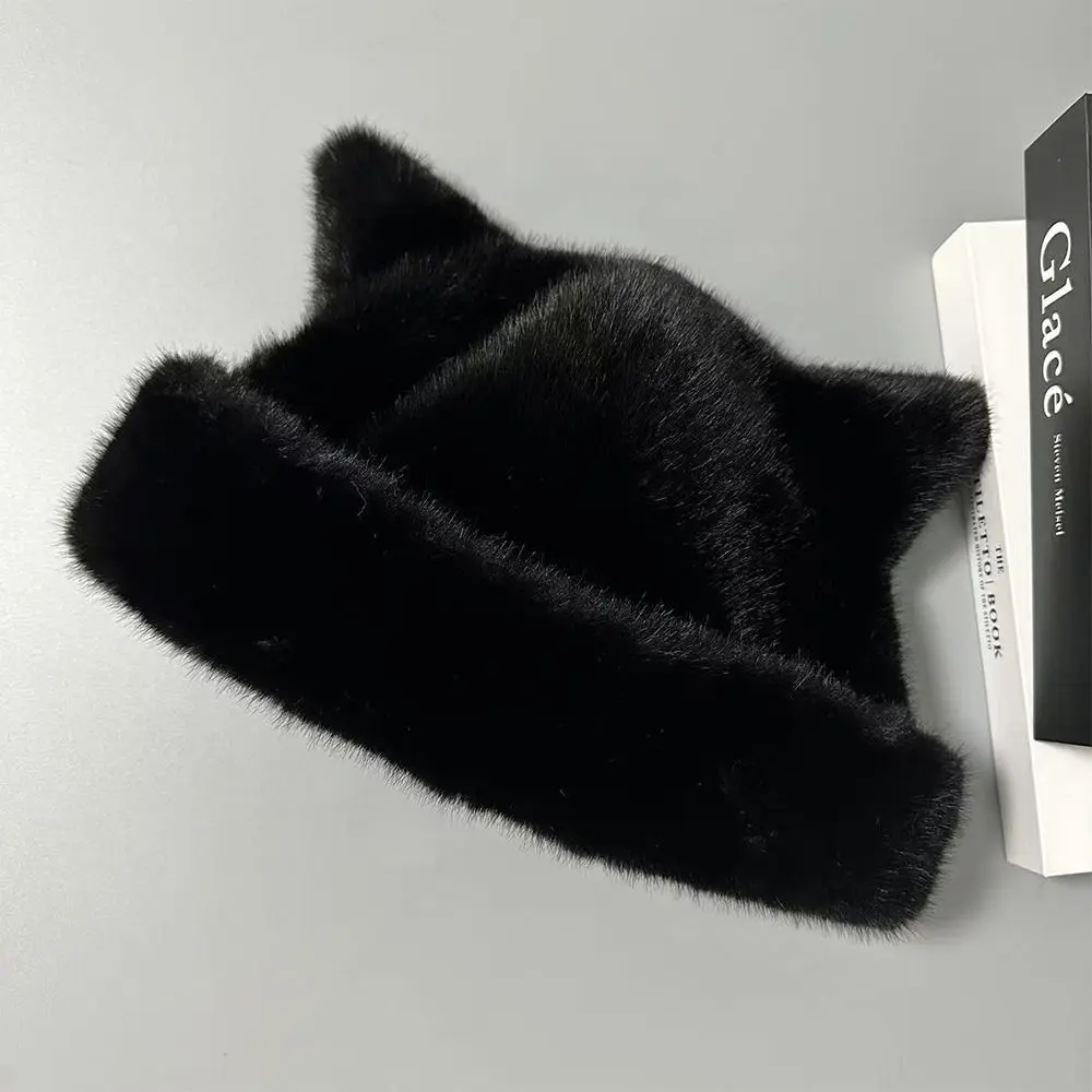 Fashion Warm Winter Hat Thicken Cute Ears Fluffy Fur Bucket Hat Soft Snowy Day Fisherman Hat Chrismas Gifts