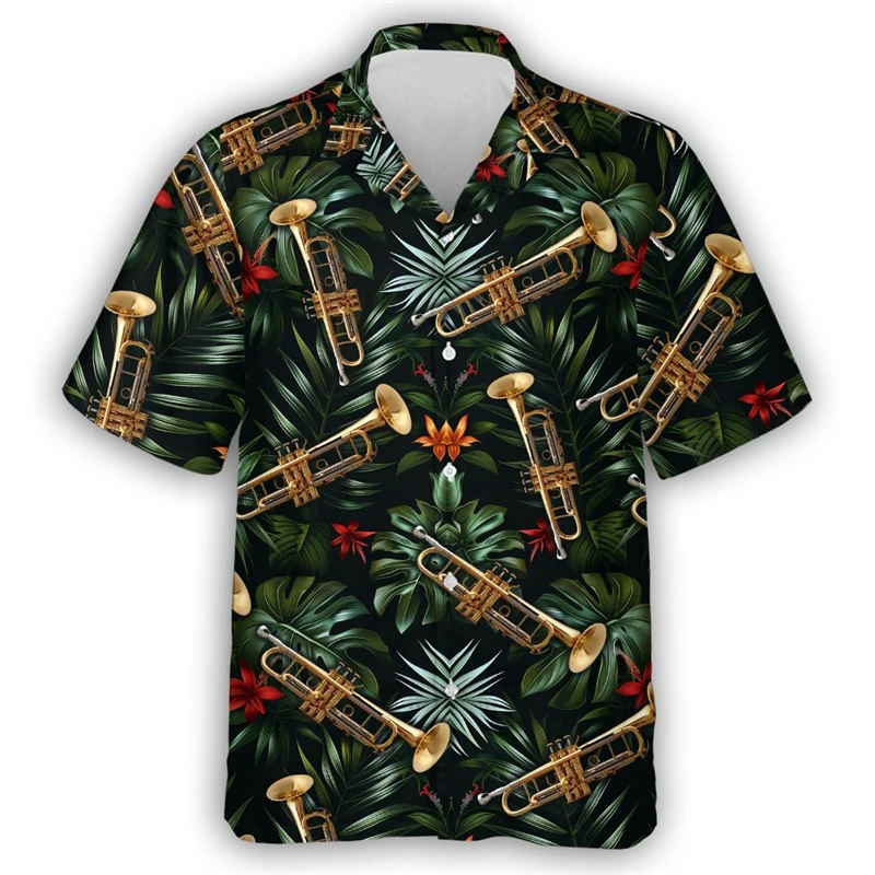 Guitar Trumpet Graphics Hawaiian Shirts For Men 3D Printed Musical Instrument Unisex Short Sleeve Button Blouse Lapel Shirt Tops