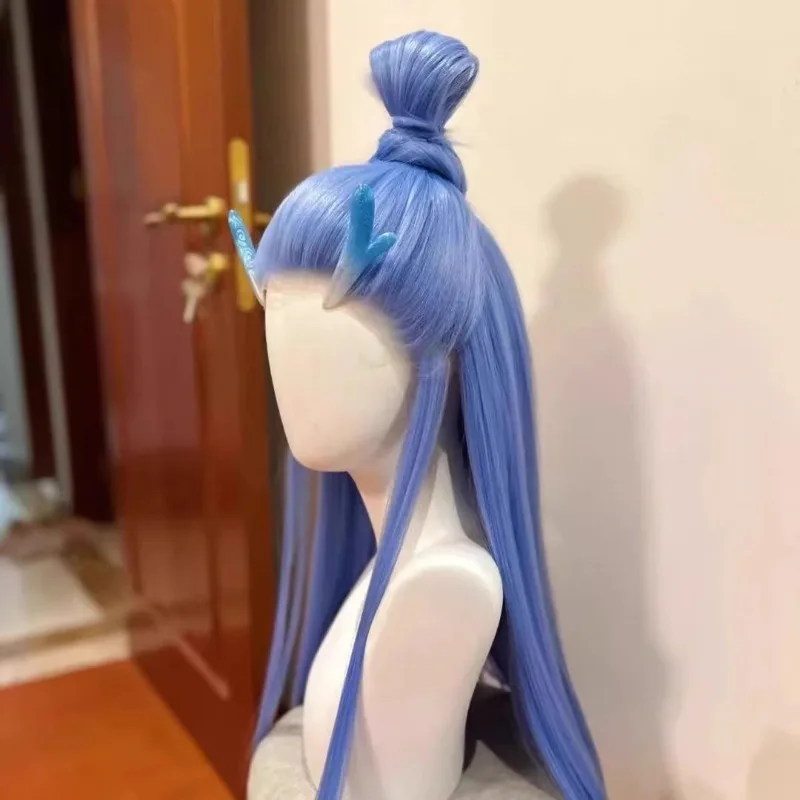 Nezha 2 Orange Dragon Prince Cosplay Wig Light Blue With Dragon Horn Synthetic Long Straight Wig Anime Coser Wig Halloween Party