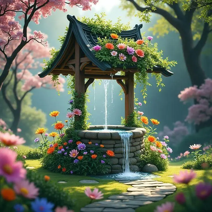 DIY Pavilion Wishing Well Cherry Blossom Garden Floral Scene Art Diamond Painting Mosaic Handmade Art Exquisite Wall Decoration