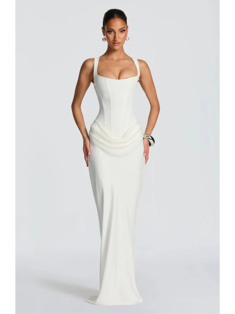 DFDG Damen 2025, Frühling und Sommer, elegantes Korsettkleid, quadratischer Ausschnitt, Schlinge, figurbetont, Midi-Partykleid, schmale Passform, hohe Taille