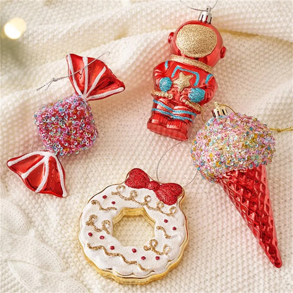 Assorted Christmas Hanging Ornaments Sweet Ice Cream and Candy in Shinny Red and Gold Noel Festive Home Decor Navidad Santa Gift