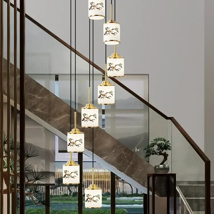 

New Chinese Style Rotating Staircase Chandelier - Copper Modern Ceiling Light for Living Room & Dining Room
