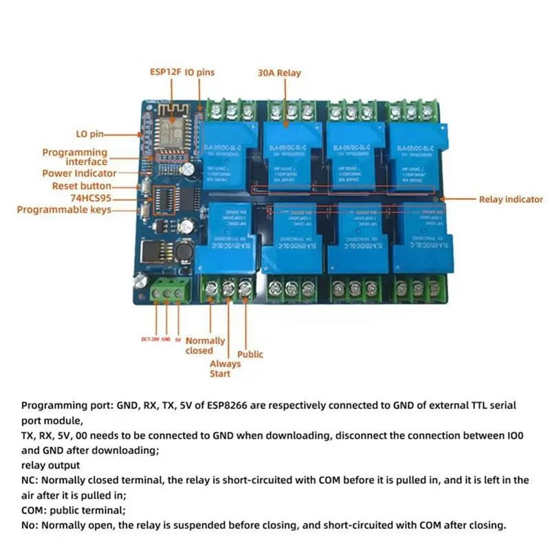 BAAJ-ESP8266 ESP-12F For DIY Smart Home And Industrial Control 8 Channel DC 7-28/5V 30A Wifi Relay Module Development Board