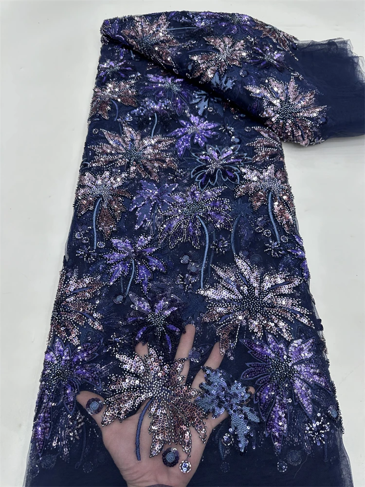 Африканская французская сетчатая кружевная ткань с бисером, новейшая нигерийская сетчатая кружевная ткань 2025 года с блестками для женщин, свадебные платья, 5 ярдов