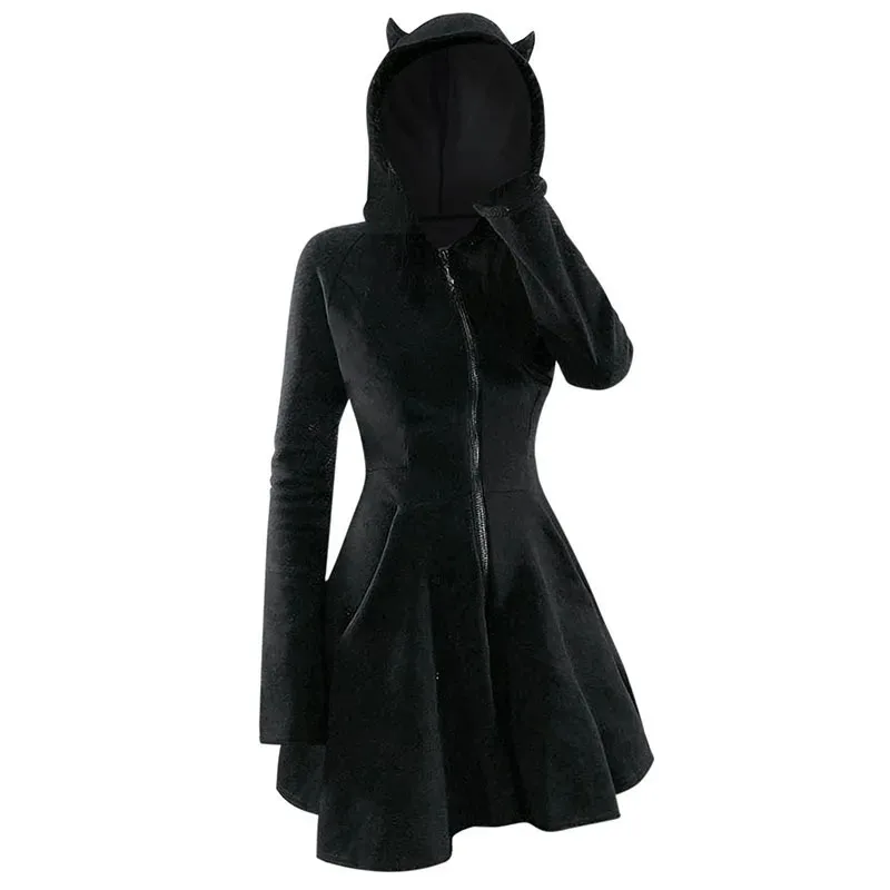 

Gothic Punk Cat Cosplay Costume Women Hooded Long Sleeve Tops Slim Fit Dresses for Halloween Christmas Carnival Party