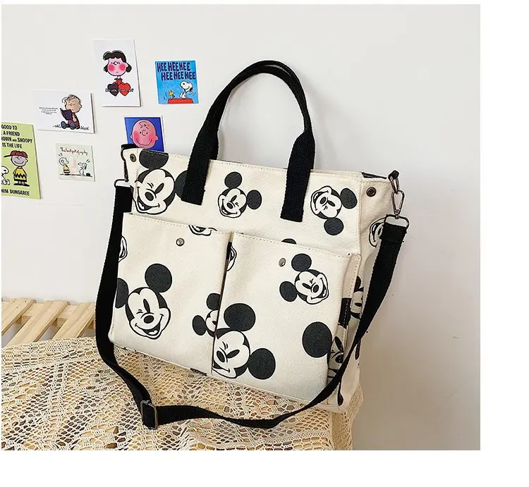 High Capacity Canvas Handbags Female Students Mickey Full Print Simple Casual All-match Cartoon Trend Messenger Bags With Zipper