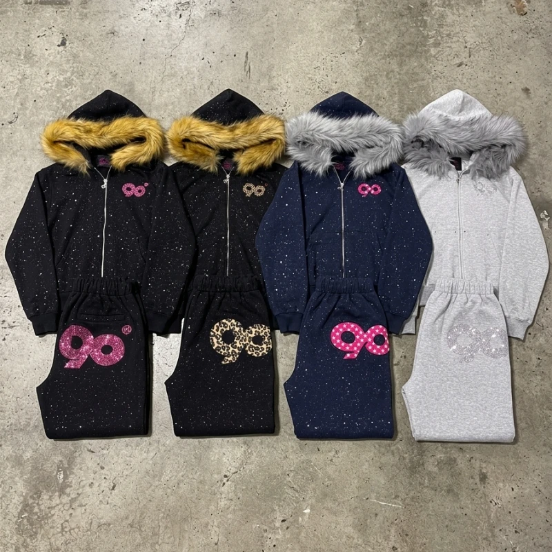 

Y3K Retro Harajuku Style Tracksuit Women Rhinestone 98 Logo Hoodie Fur Trim Zip Up Sweatsuit Vintage Streetwear 2 Piece Set