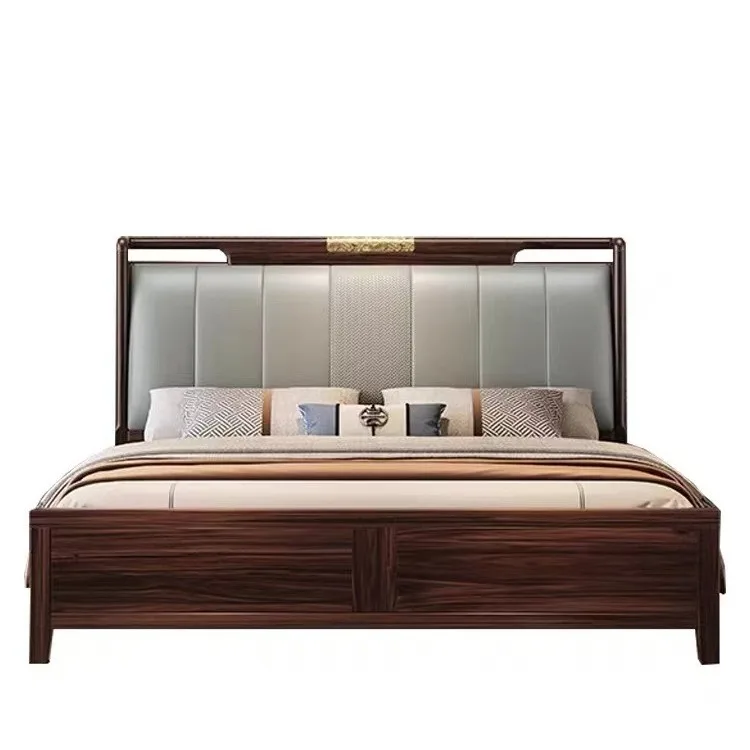 

New Chinese ebony bed black sandalwood master bedroom storage leather soft rely