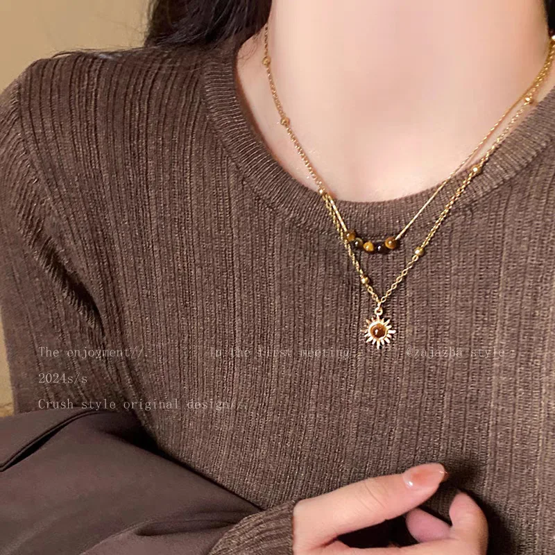 الشمس ستار الزركون قلادة للنساء خمر الجلود قلادة مزدوجة الطبقات قلادة سلسلة المختنق الأزياء والمجوهرات