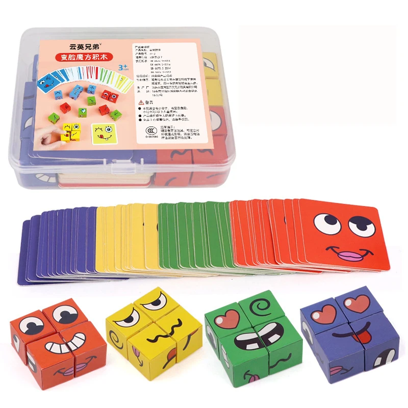 Bambini Face Change Expression Puzzle Building Blocks cubo Montessori gioco da tavolo giocattolo giocattoli educativi in legno per regali per bambini