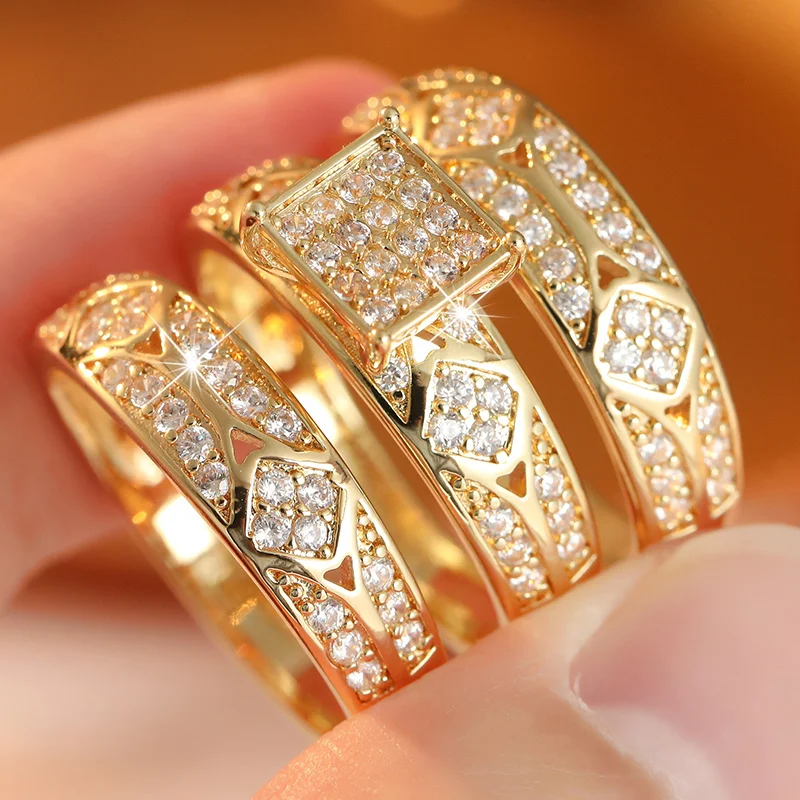 3pcs/set Women's Luxurious Golden Plated Ring Set Hollowed Out Patterns Covered in Synthetic Zircon Shining Ring Charm Jewelry