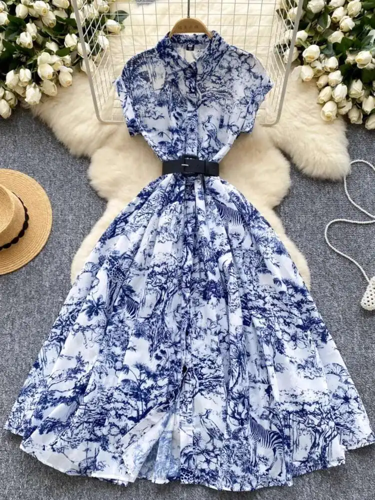 

Women French Vintage Printed Dress Summer Elegant Single Breasted Lapel Shirt Dresses Ladies Slim A-line Long Robe with Belt