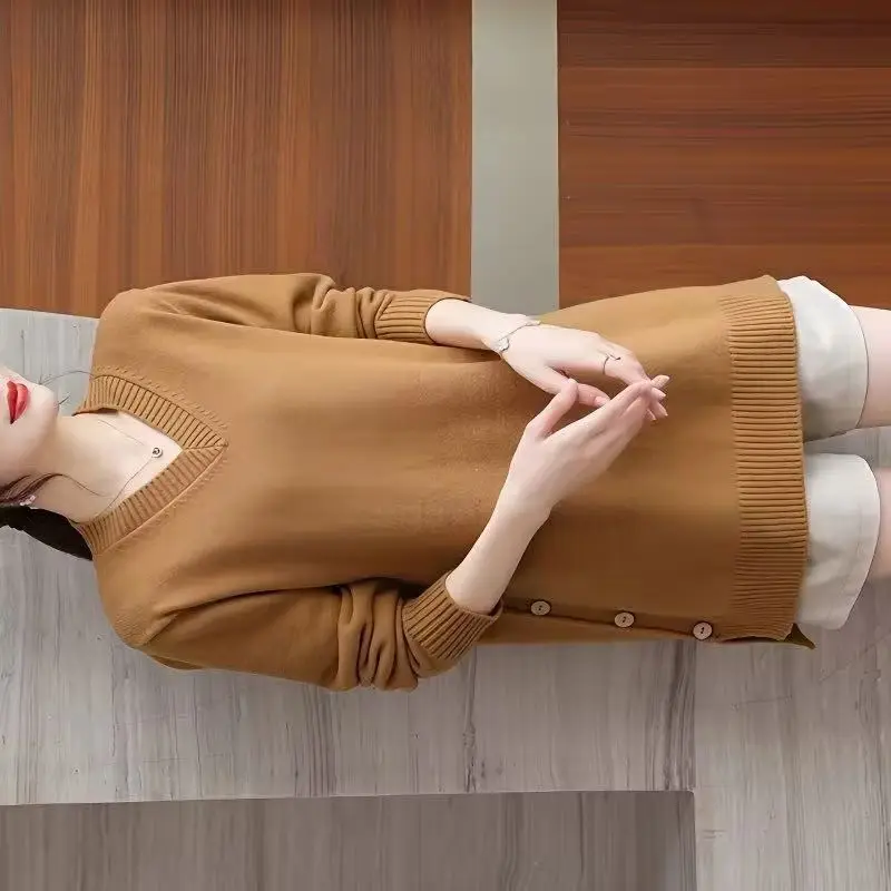 

Новинка 2026, весенне-осенний модный пуловер, вязаный свитер, женский корейский свободный джемпер с v-образным вырезом, вязаные нижние рубашки, женские топы