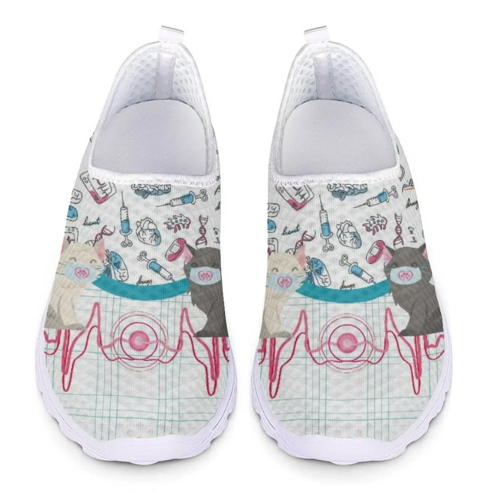 

Cute Cat And Medical Tools Cartoon Female Flat Shoes ECG Cats With Mask Printed Women Mesh Sneakers Slip-on Loafers