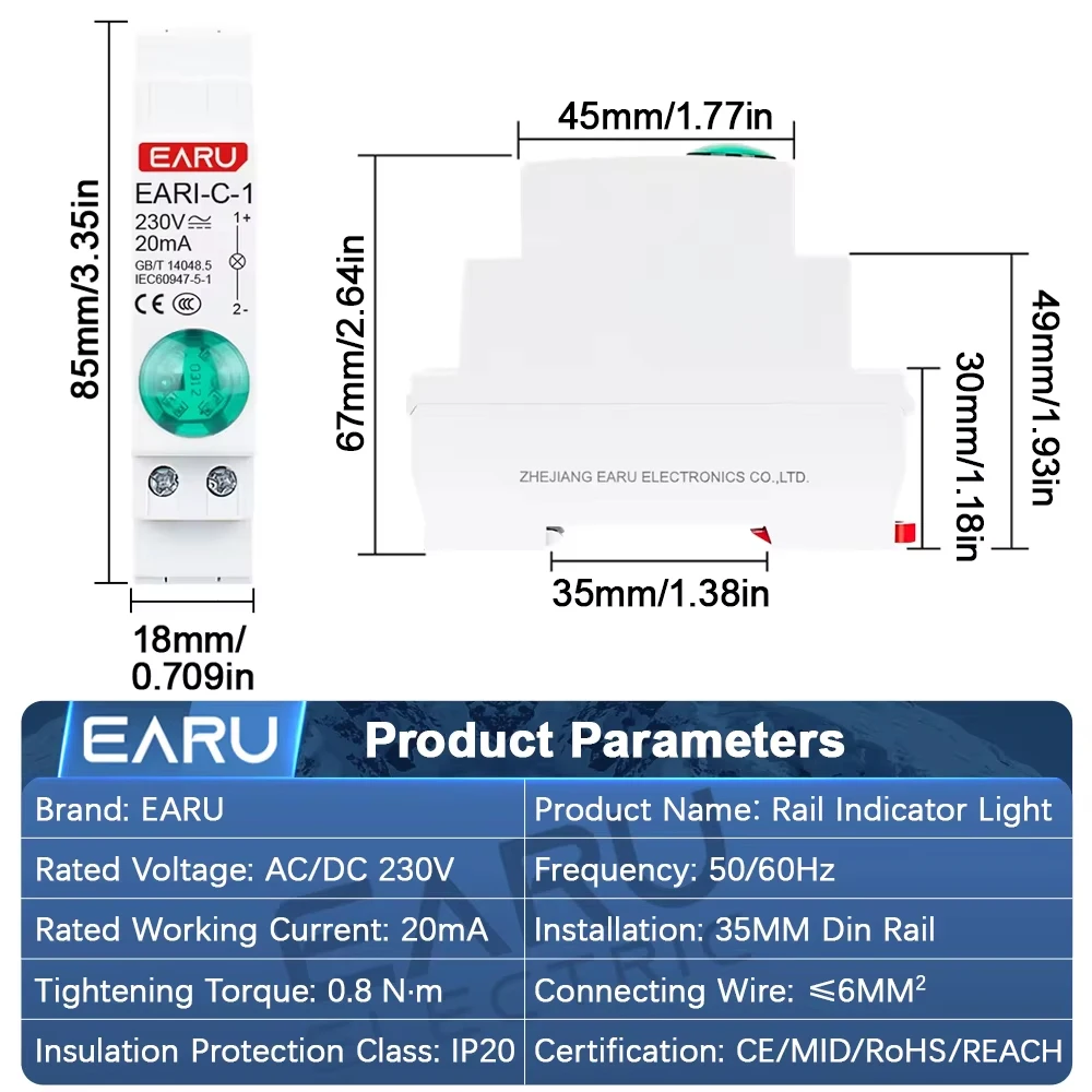 EARU 18MM Din Rail Mounted LED Pilot Signal Indicator Light Lamp AC DC 230V 50/60Hz Single Dual Tri Color Red Blue Green Yellow
