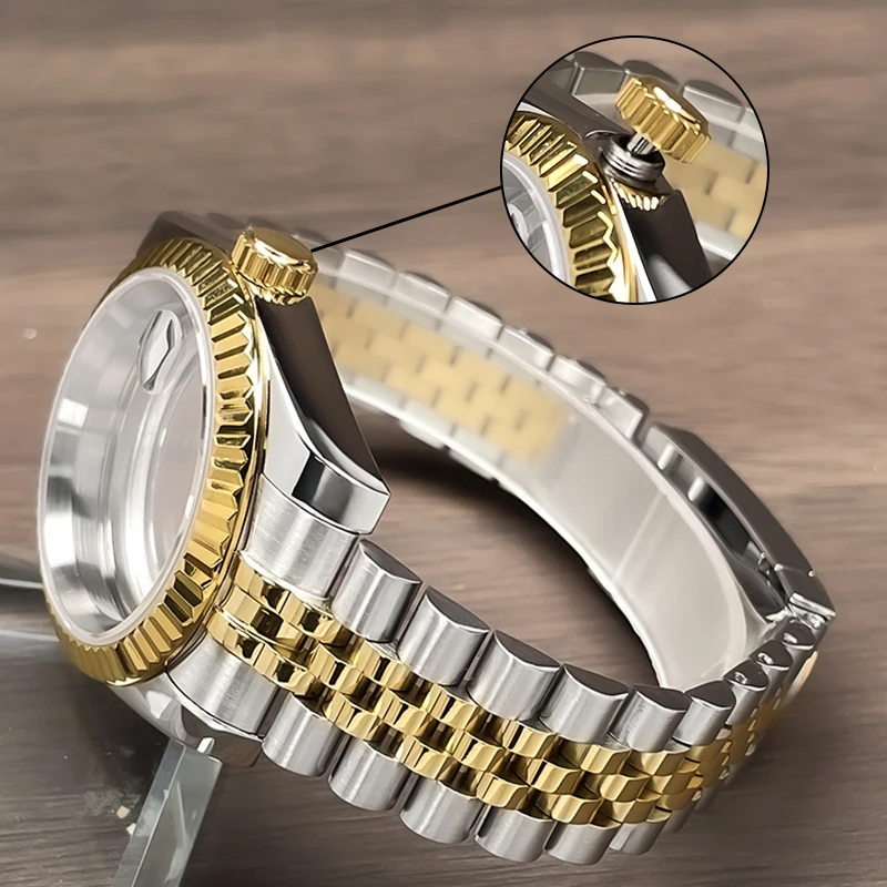 39mm NH35 Case Fluted Bezel DJ 2Tone Gold Sapphire Glass Modification Parts Fit NH35 NH36 Movement Stainless Steel Watch Case image 5