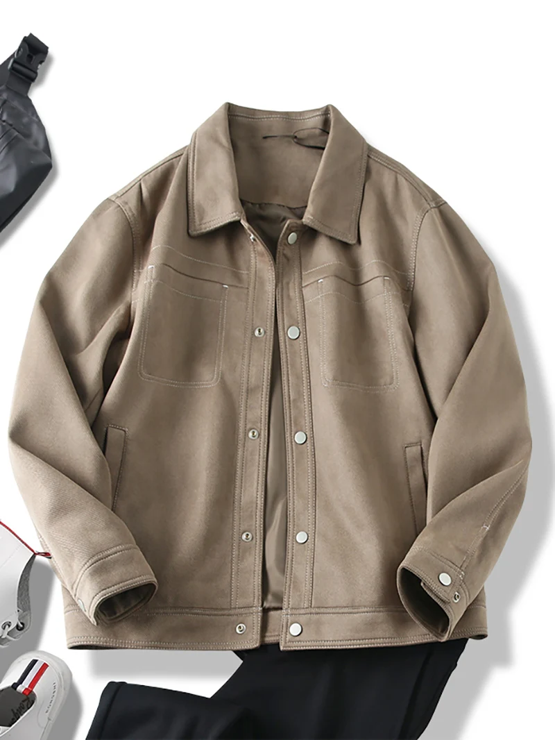 

Мужская ретро-куртка из замши в американском стиле, весенне-осенняя, с отложным воротником, модная брендовая верхняя одежда свободного кроя с длинными рукавами