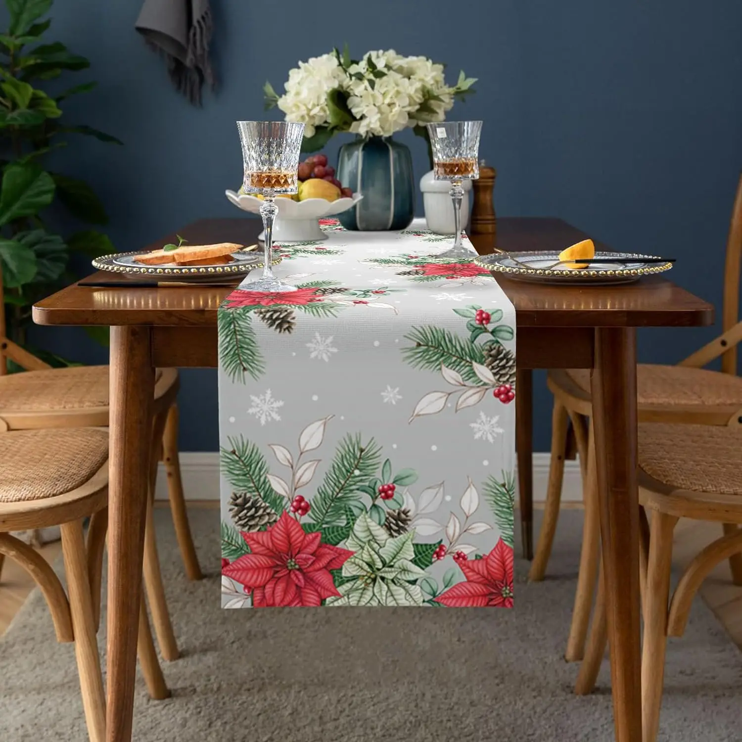 Christmas Poinsettia Pine Cone Linen Table Runner Dresser Scarves Winter Xmas Kitchen Table Runner Navidad Decorations 2025