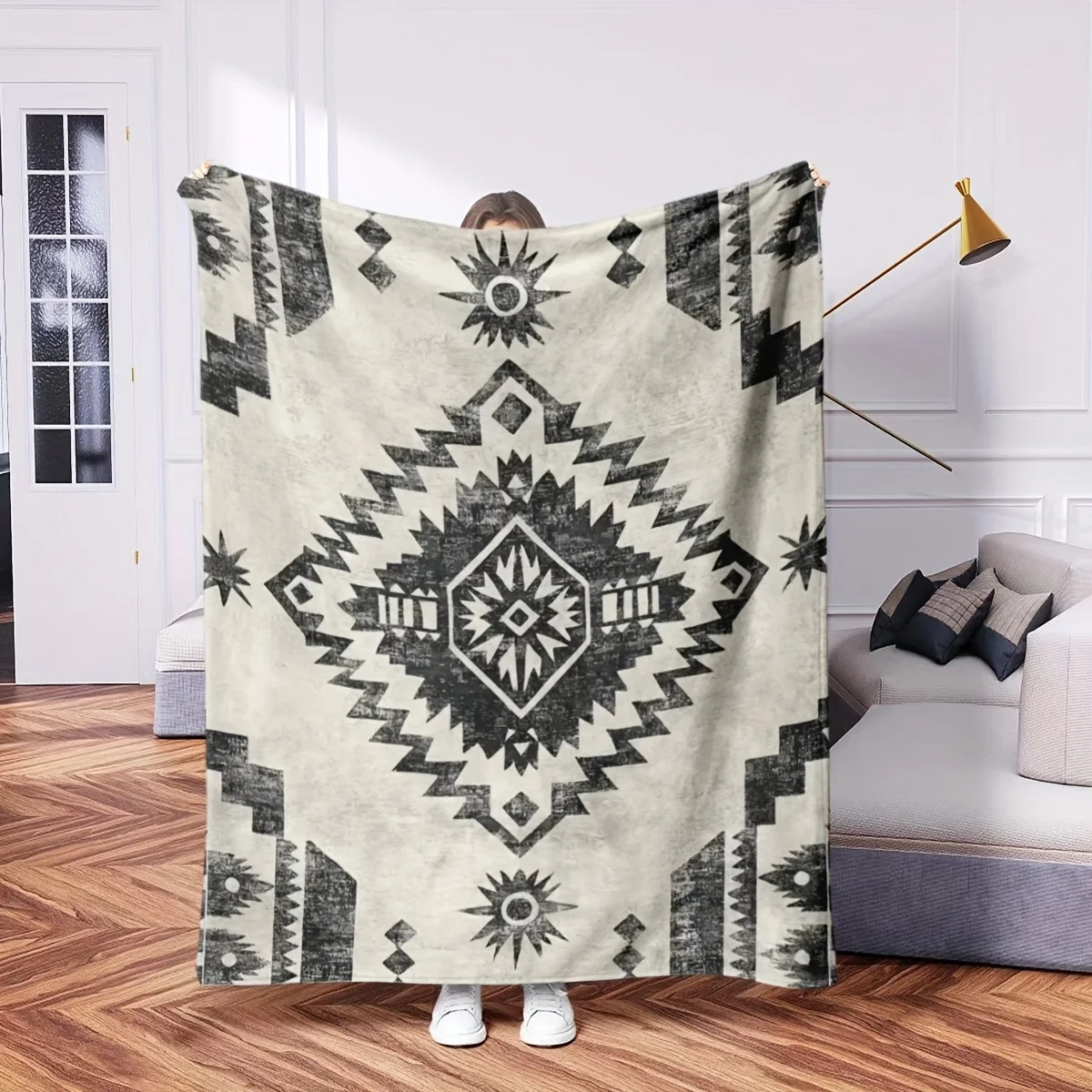 Beige Gray Geometric Totem Ethnic Style Throw Blanket for Living Room Modern Abstract Pattern Blanket Wrap