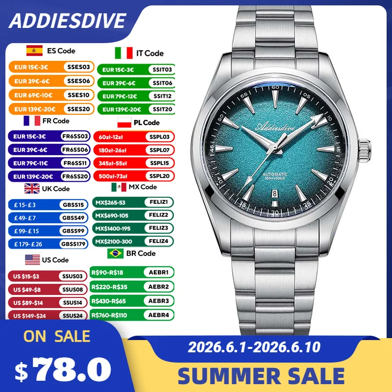 

ADDIESDIVE Men's Watch Stainless Steel AR Coated Luxury Automatic Mechanical Watches 100M Waterproof Diving Reloj Hombre AD2527