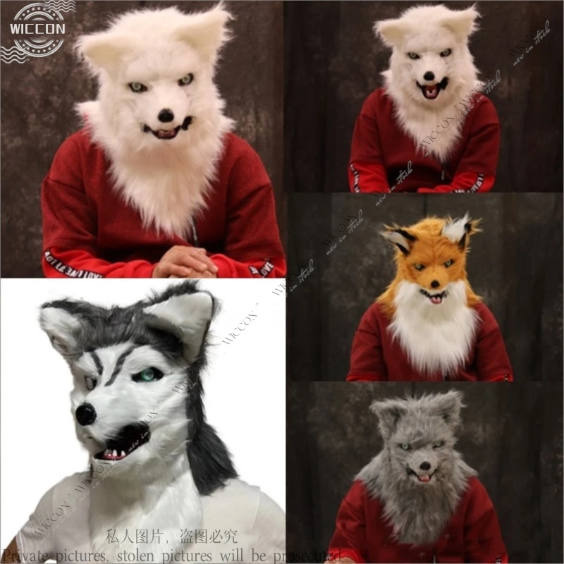 Maschera in peluche di volpe gotica – Design a bocca aperta con zanne realistiche per Halloween/performance sul palco Nero/Grigio Unisex per adulti